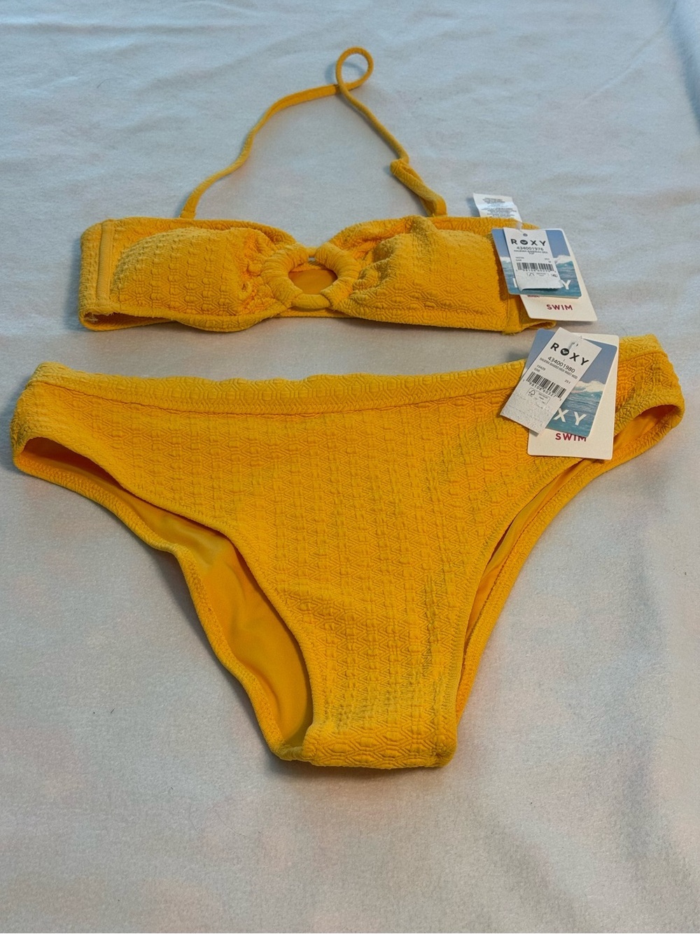 Roxy Yellow Textured Bandeau Bikini with Ring Accent. Top Medium/Bottom L